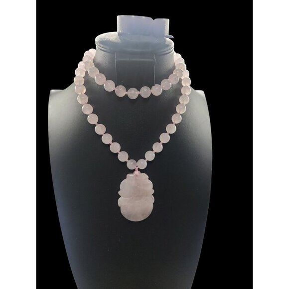 Chinese Rose Quartz Hand Knotted Mala Lotus Design Necklace 28" Vintage - Picture 14 of 16